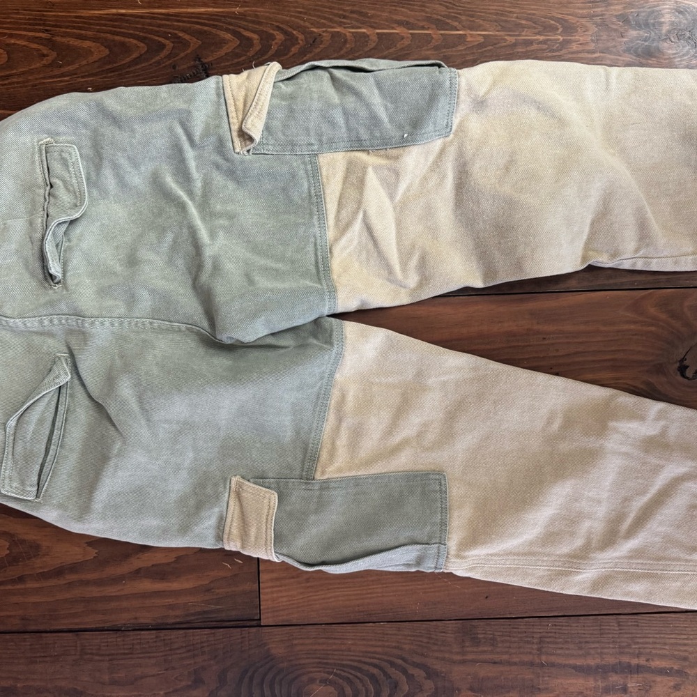 POL Two-Tone green tan Denim Cargo Pants small - Picture 3 of 4